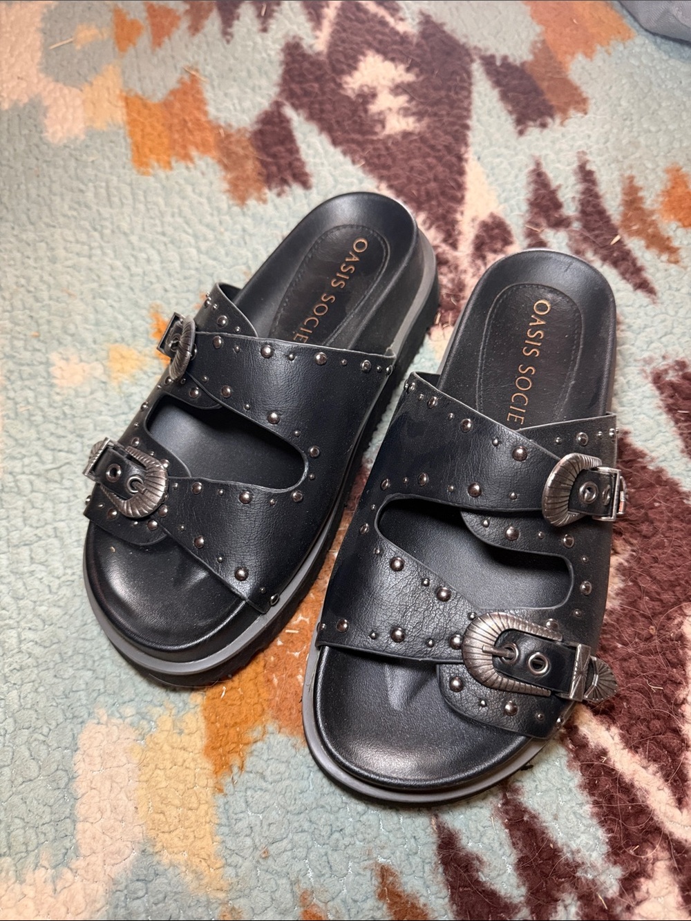 Oasis Societe Black Studded Buckle Slide Sandals